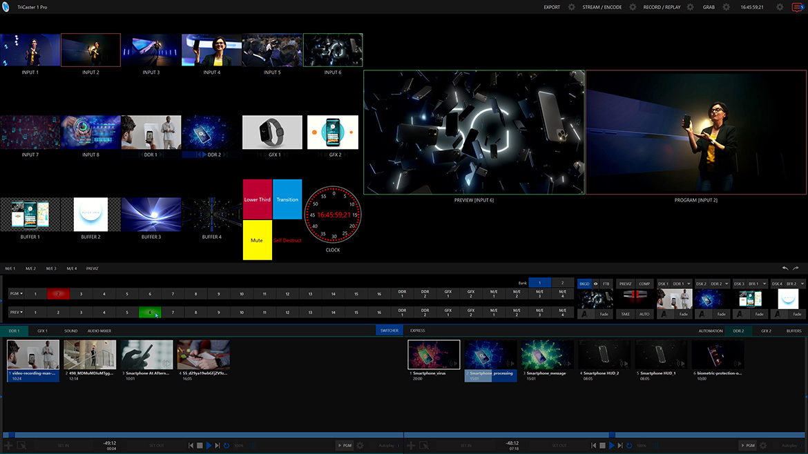 Interfaz de usuario: fuentes en directo, conmutador de vídeo y reproductores multimedia.