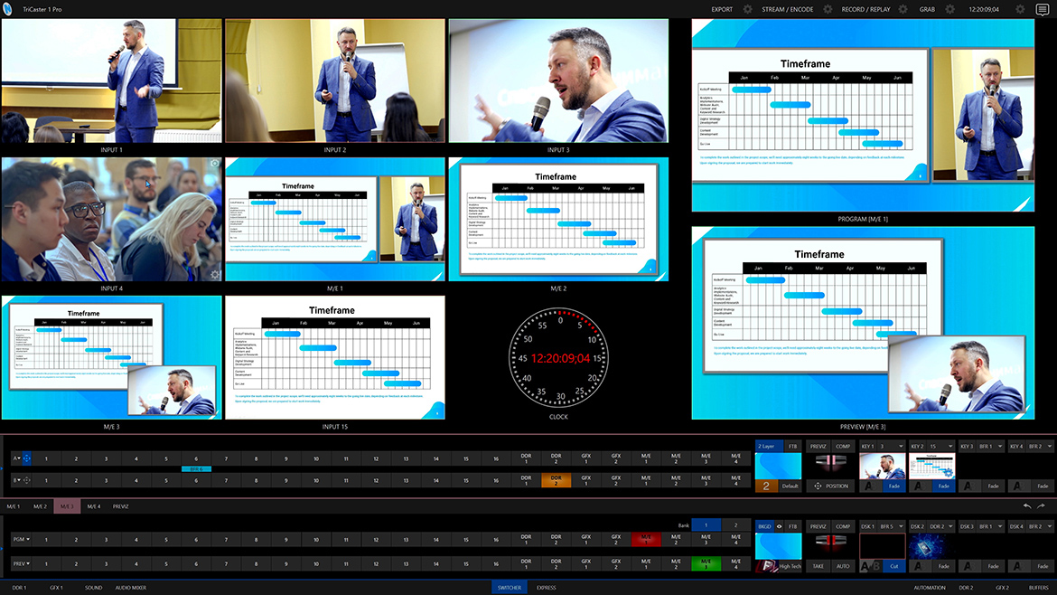 Interface de usuário - Fontes ao vivo, visualizações de efeitos de mixagem, controles de efeitos de mixagem e alternador de vídeo