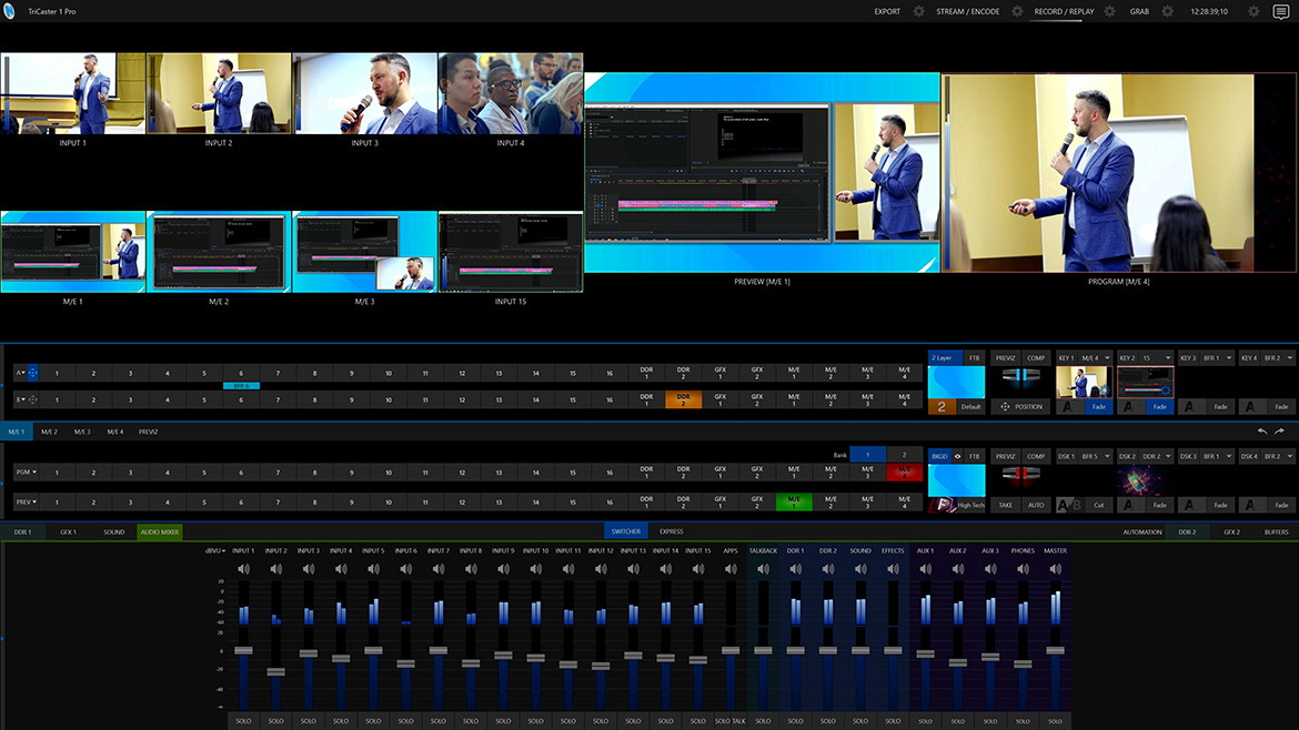 Interface de usuário - Fontes ao vivo, visualizações de efeitos de mixagem, controles de efeitos de mixagem, alternador de vídeo e mixer de áudio