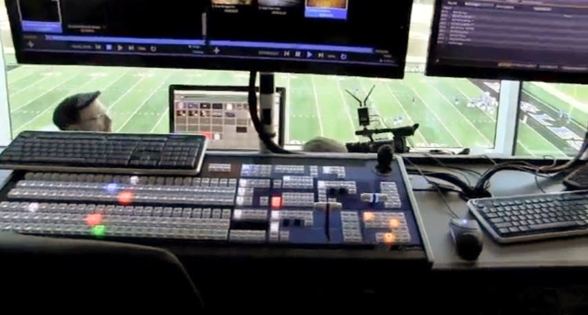 Overlooking the stadium from the TD position at the TriCaster 8000 Control surface.