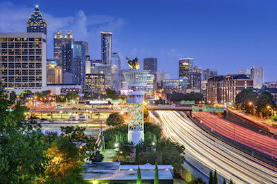 Atlanta, Georgia, USA downtown skyline over Interstate 85.