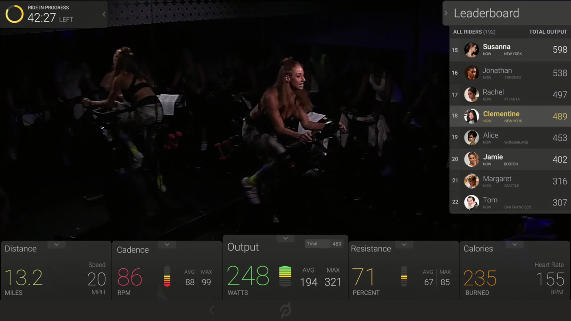 Peloton tablet UI display during a live class. Click to enlarge.